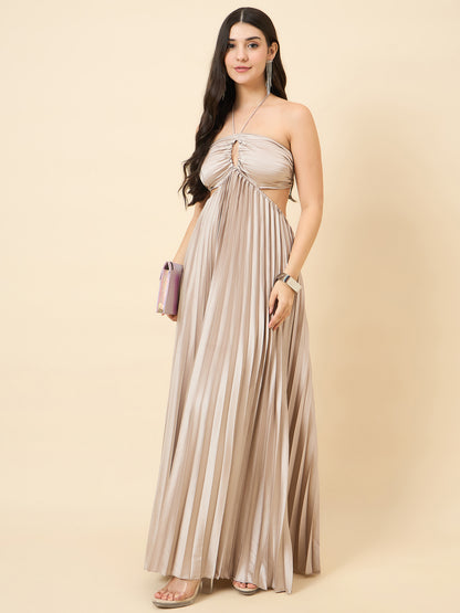Solid Halter Neck Pleated Satin Maxi Dress