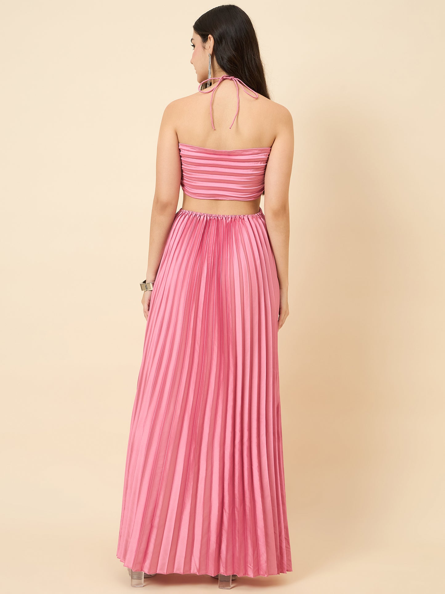 Solid Halter Neck Pleated Satin Maxi Dress