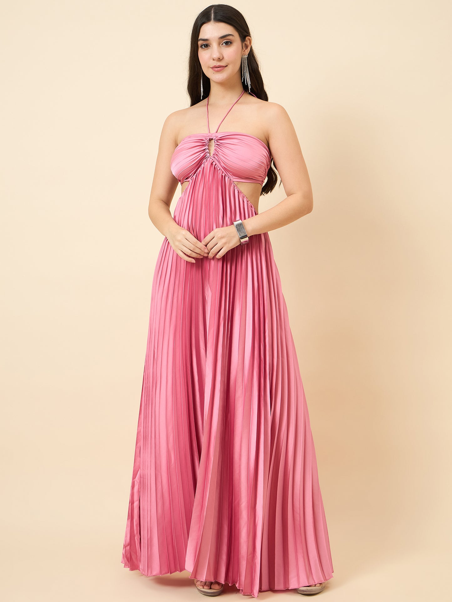 Solid Halter Neck Pleated Satin Maxi Dress