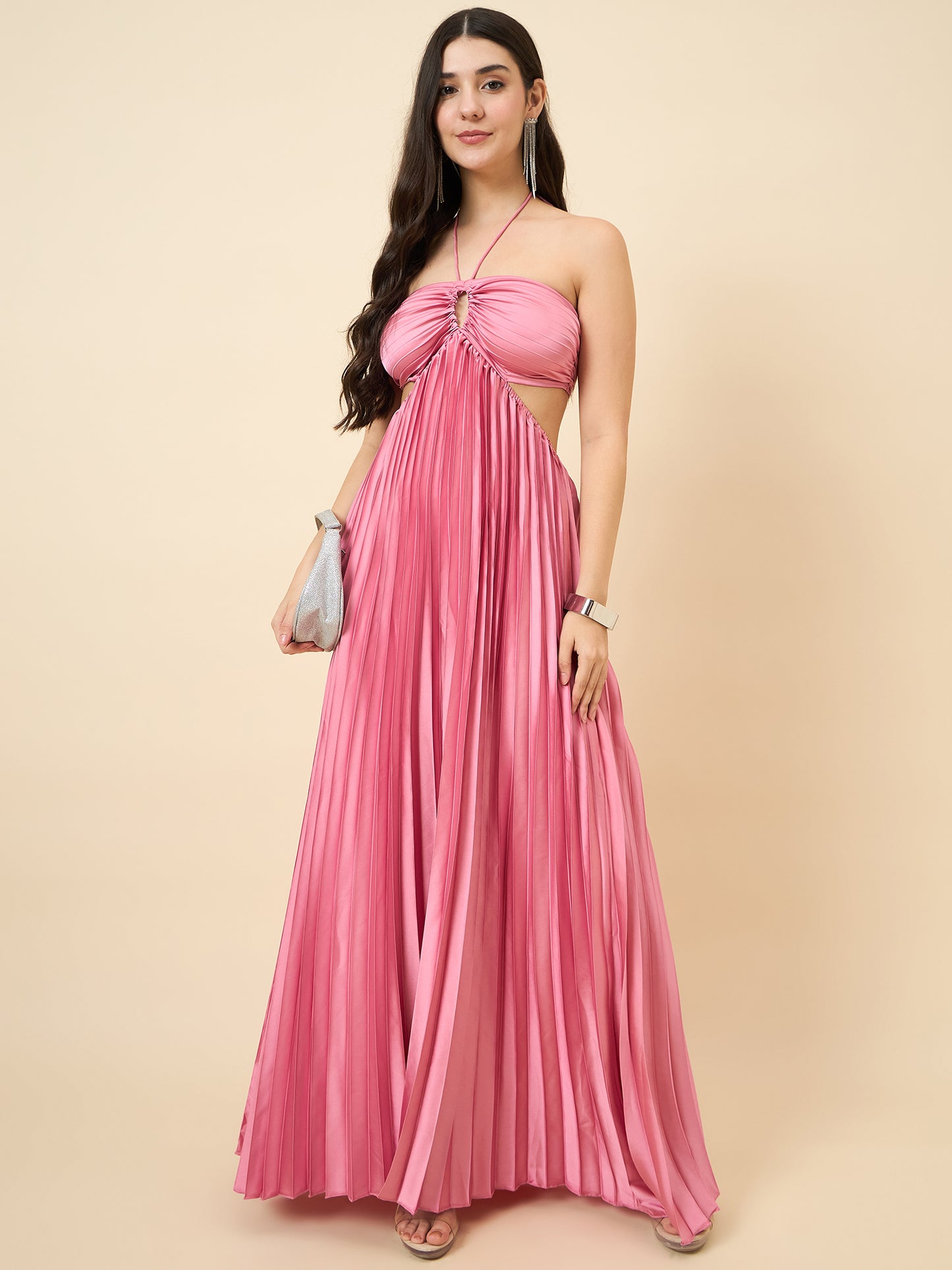 Solid Halter Neck Pleated Satin Maxi Dress