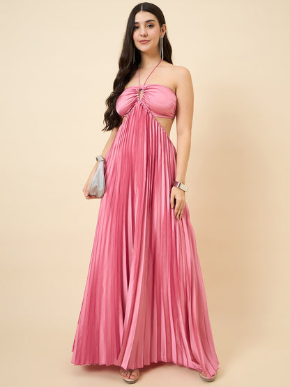 Solid Halter Neck Pleated Satin Maxi Dress