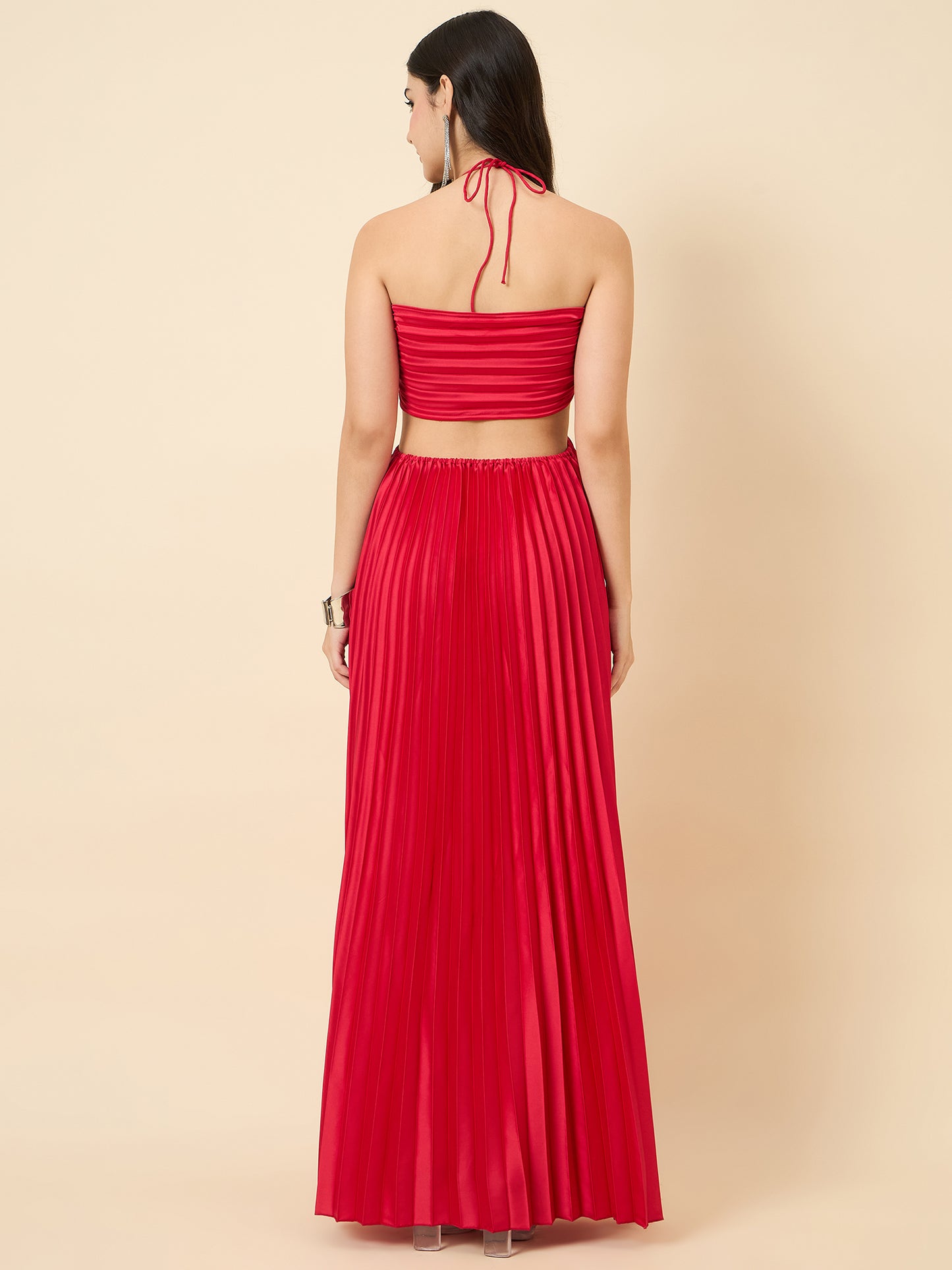 Solid Halter Neck Pleated Satin Maxi Dress
