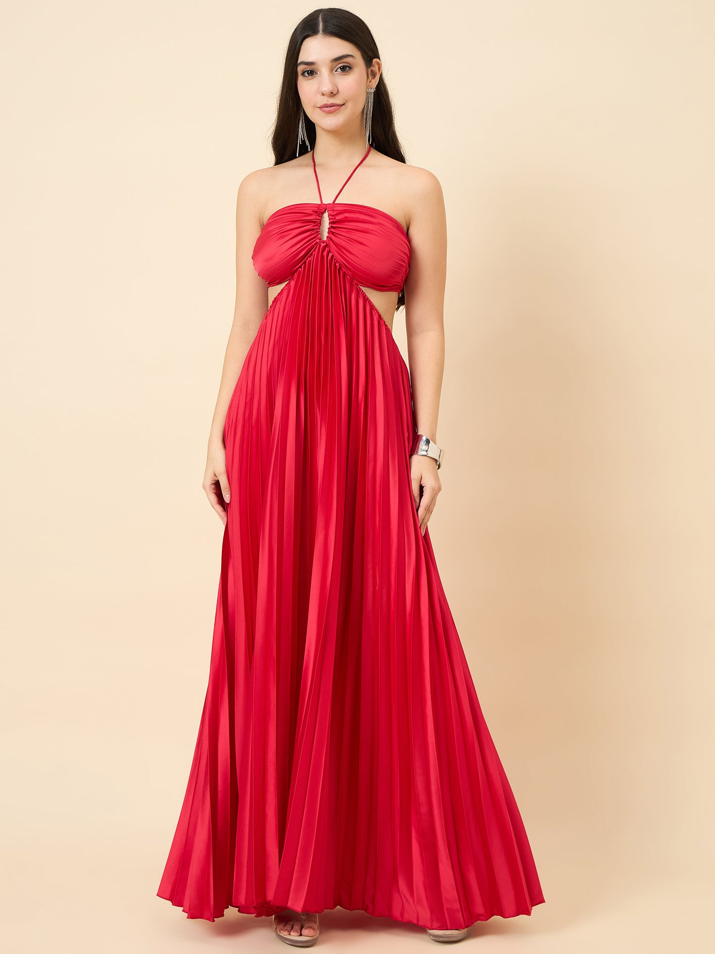 Solid Halter Neck Pleated Satin Maxi Dress