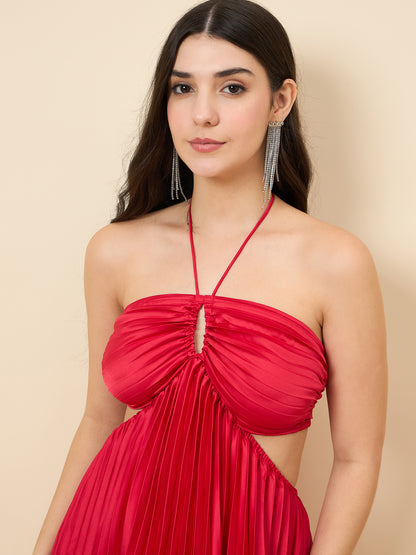 Solid Halter Neck Pleated Satin Maxi Dress