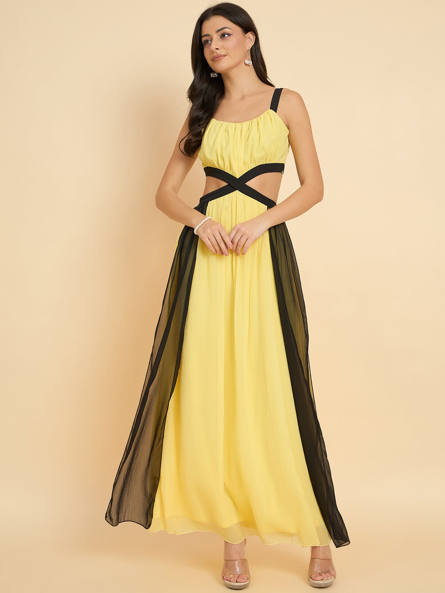 Color-blocked maxi dress in yellow colour