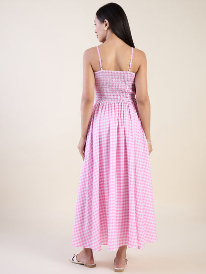 Embrace timeless charm with this gingham maxi dress in pink color.