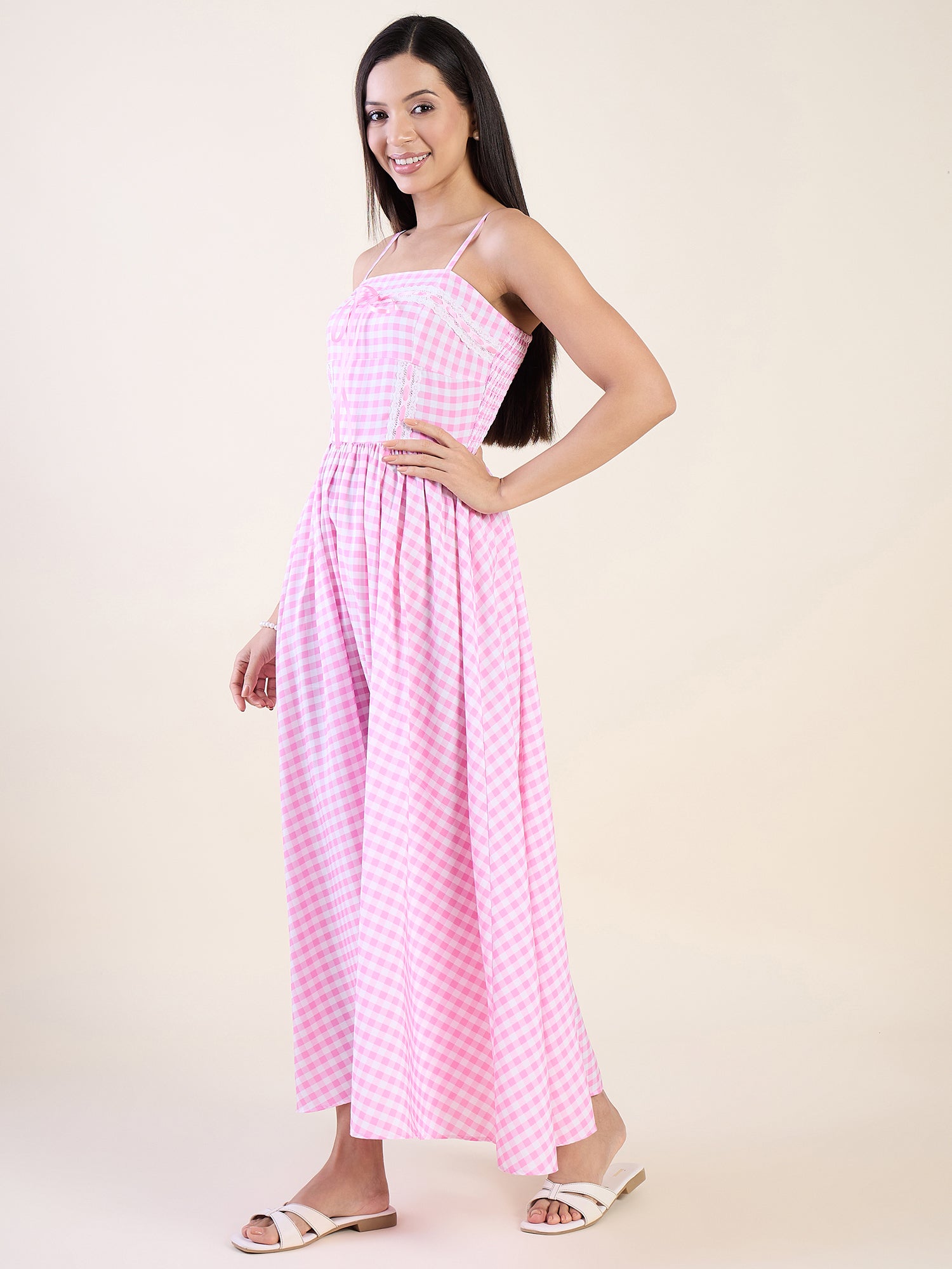Embrace timeless charm with this gingham maxi dress in pink color.