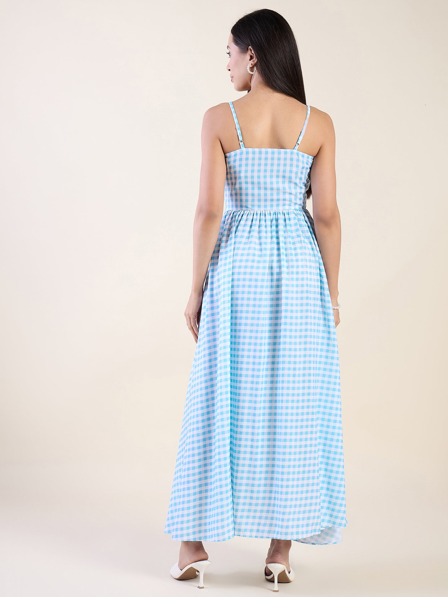 Classic gingham check maxi dress in blue colour