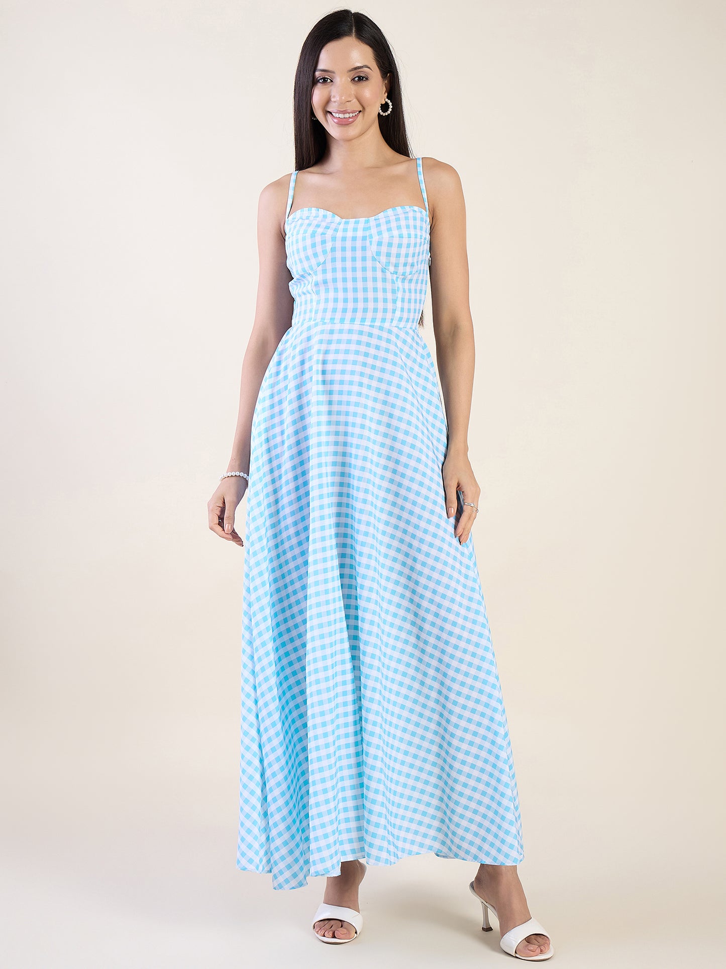 Classic gingham check maxi dress in blue colour
