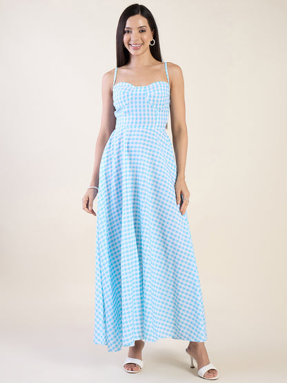 Classic gingham check maxi dress in blue colour