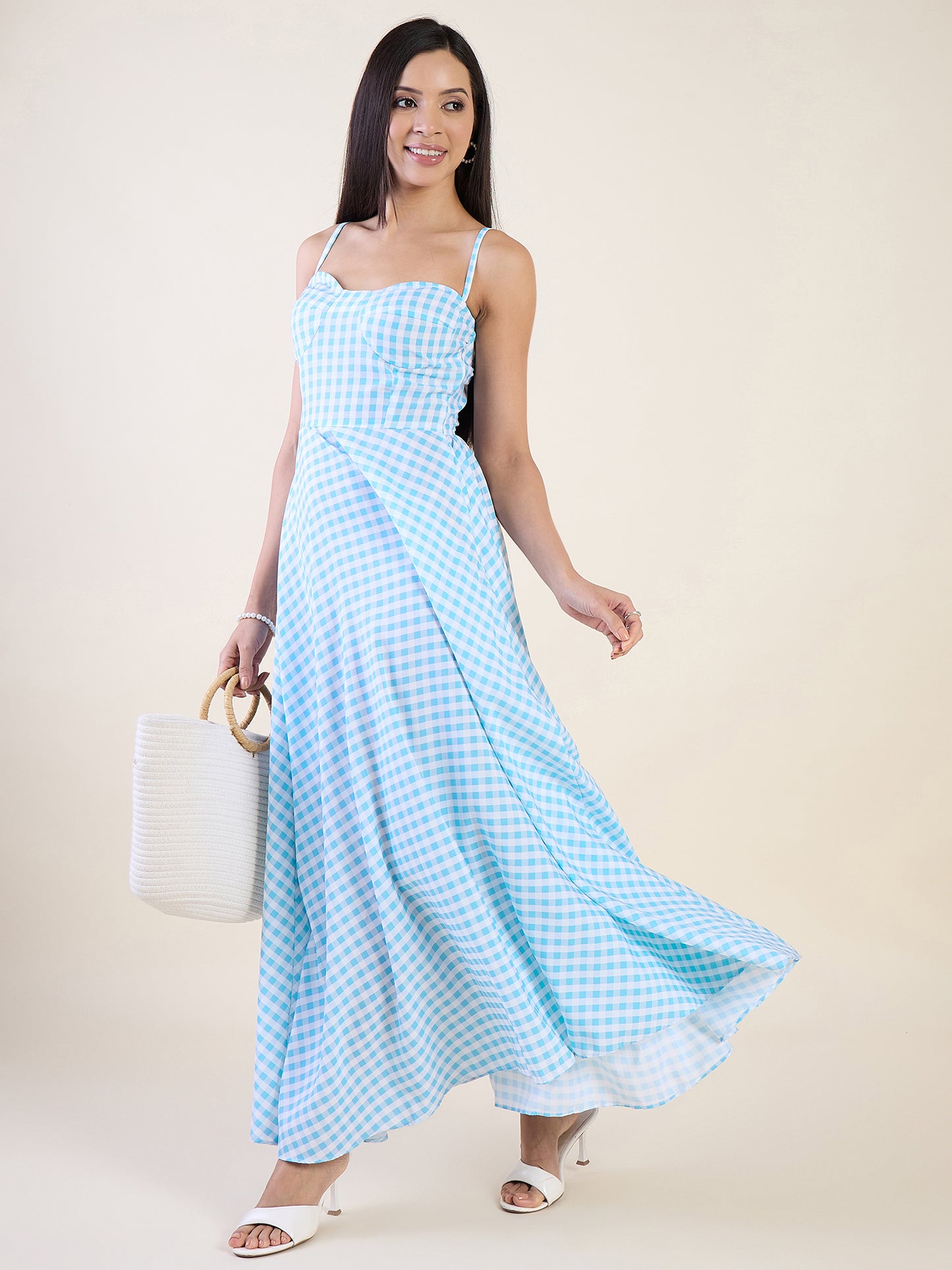 Classic gingham check maxi dress in blue colour