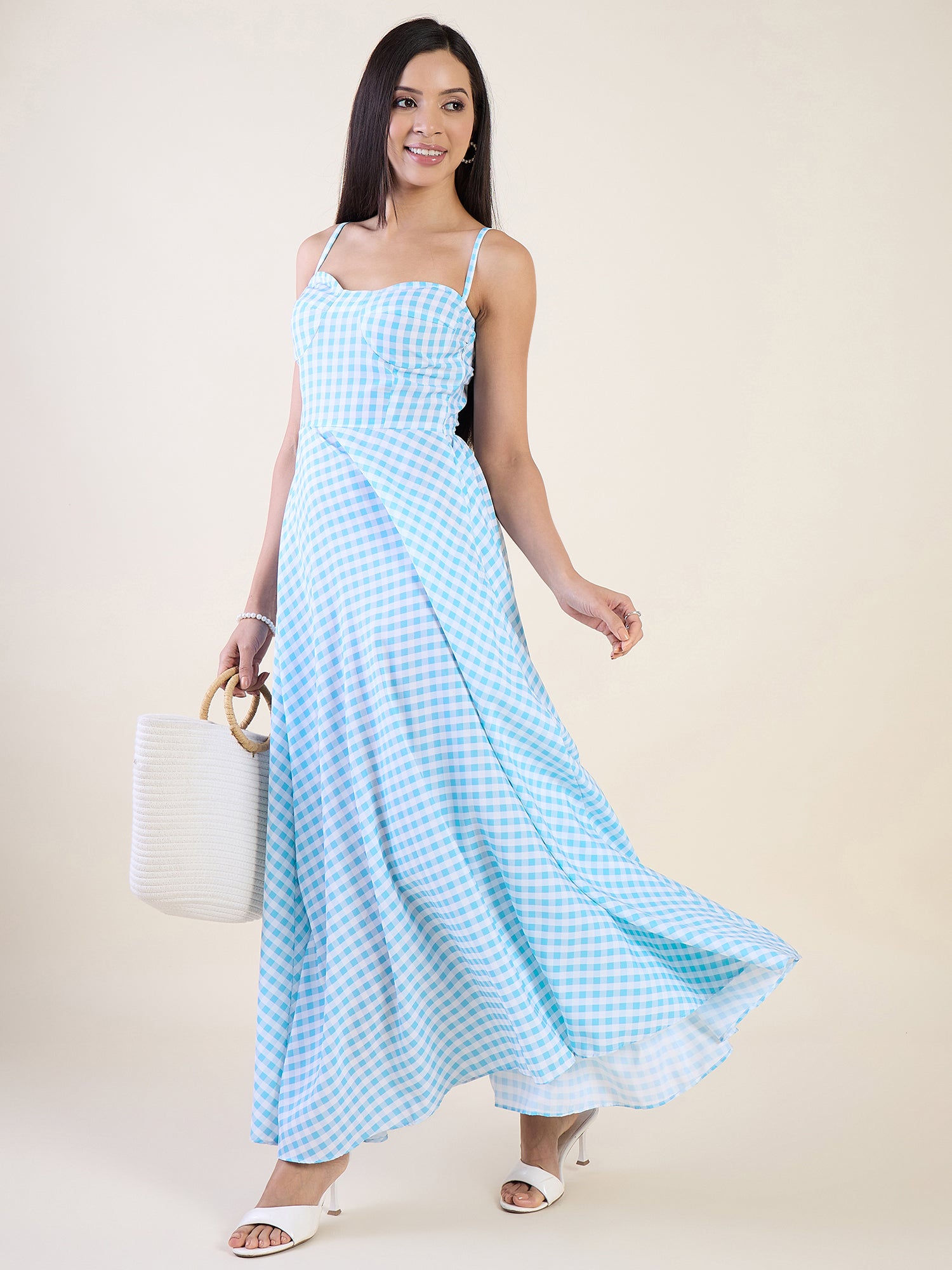 Classic gingham check maxi dress in blue colour