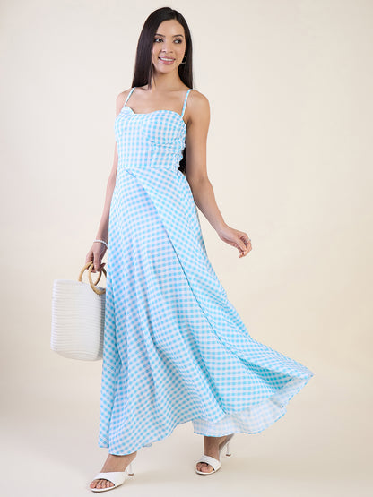 Classic gingham check maxi dress in blue colour