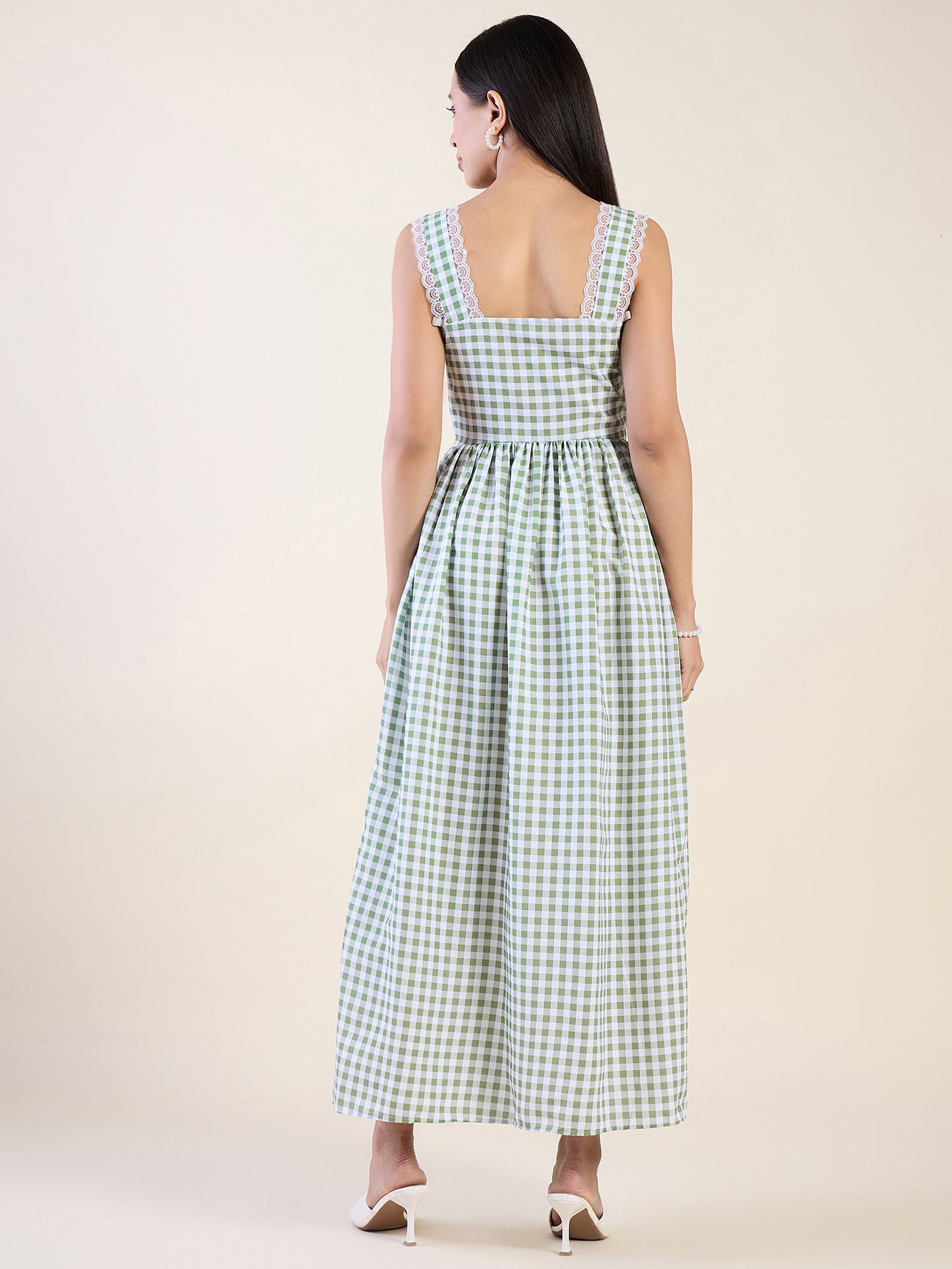 Classic gingham maxi dress in green color palette
