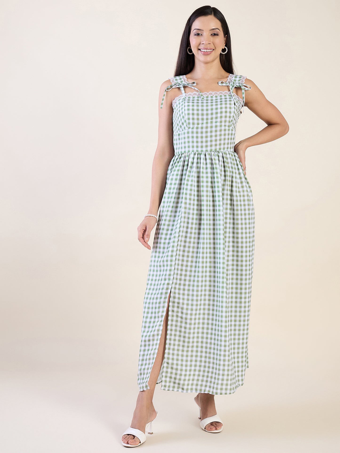 Classic gingham maxi dress in green color palette