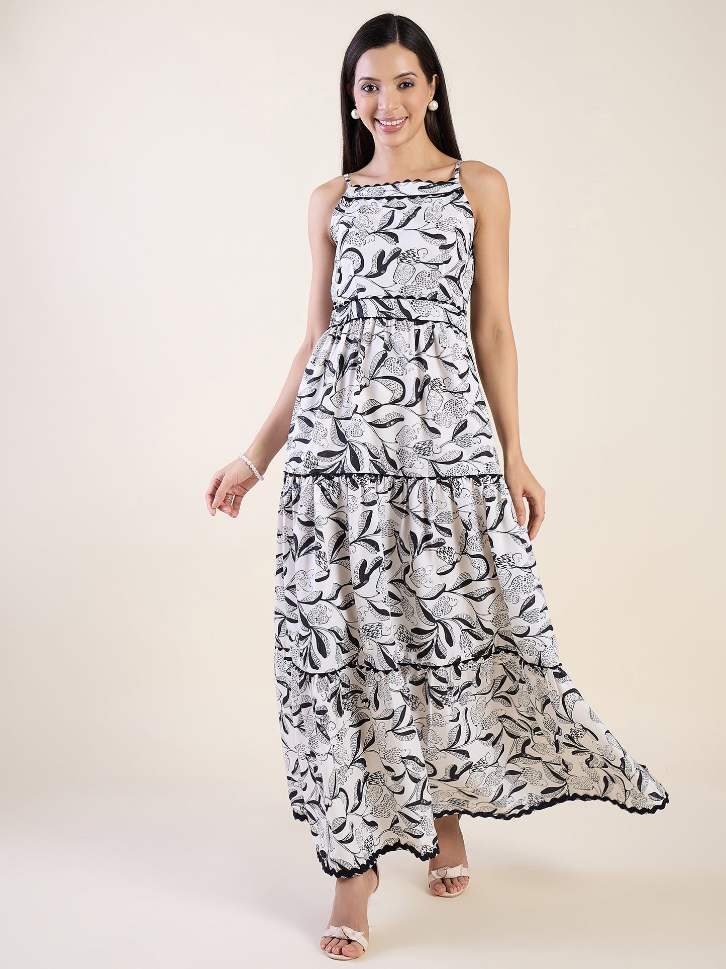 Abstract floral print dress in black and white colour