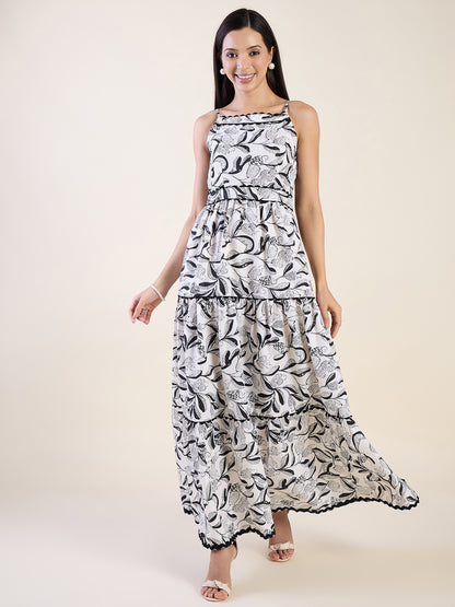 Abstract floral print dress in black and white colour