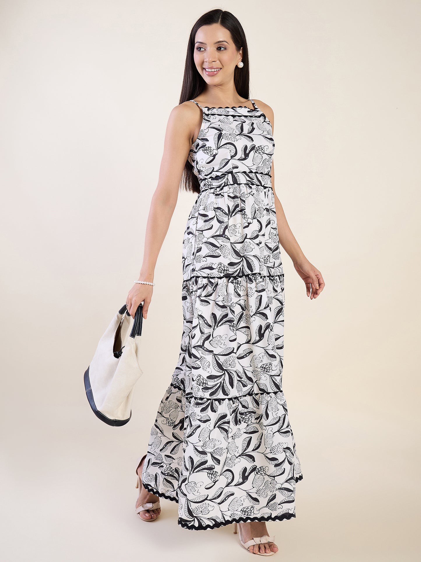 Abstract floral print dress in black and white colour