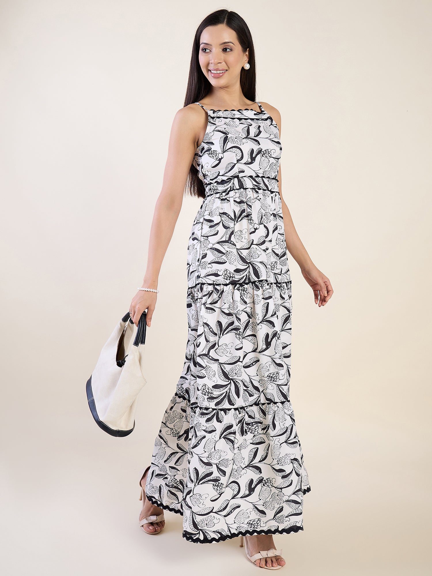 Abstract floral print dress in black and white colour