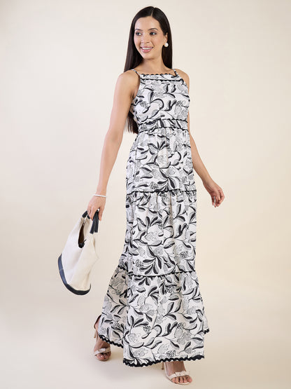Abstract floral print dress in black and white colour