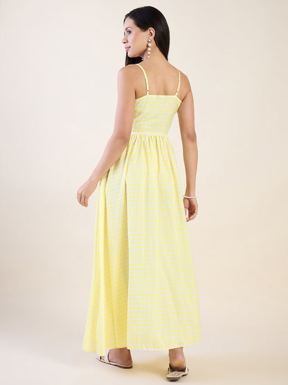 Classic gingham check maxi dress in yellow colour