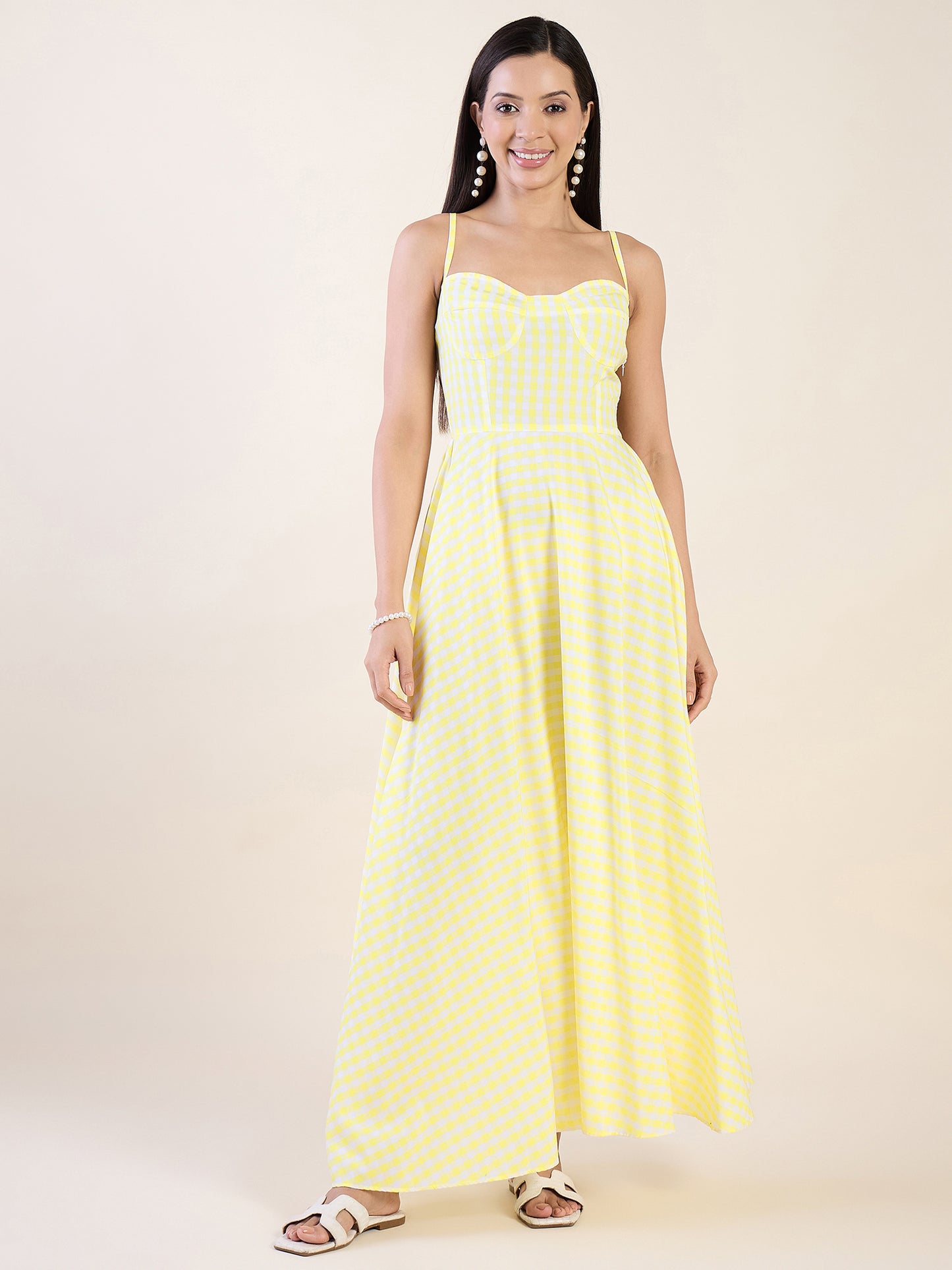 Classic gingham check maxi dress in yellow colour