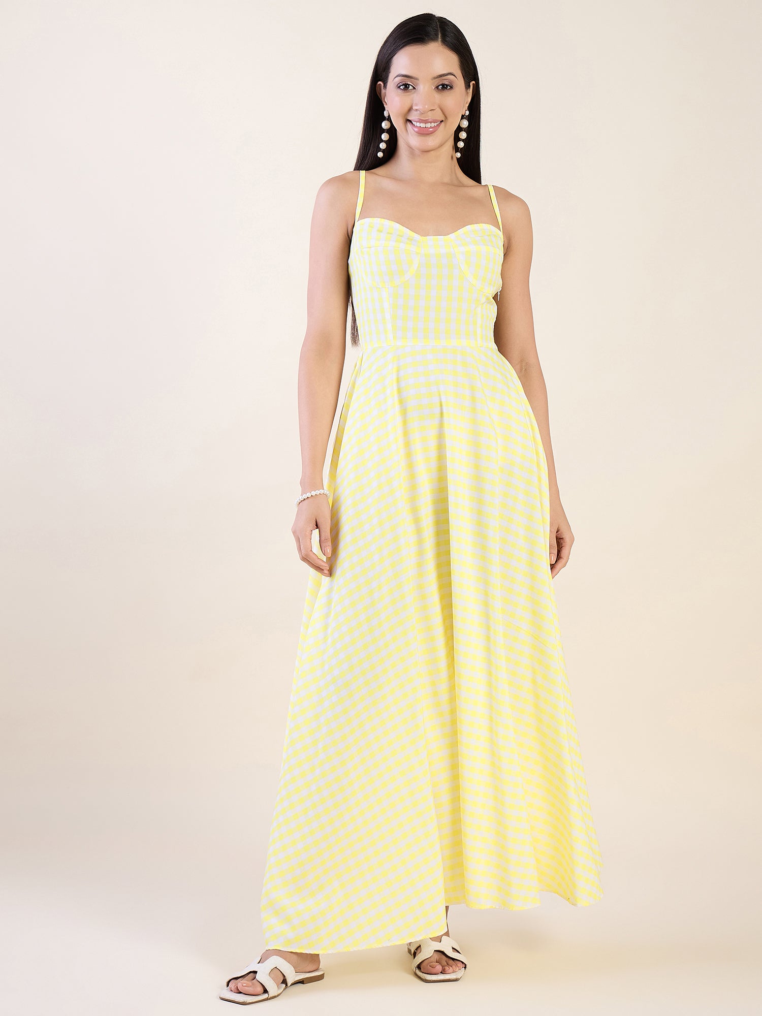 Classic gingham check maxi dress in yellow colour