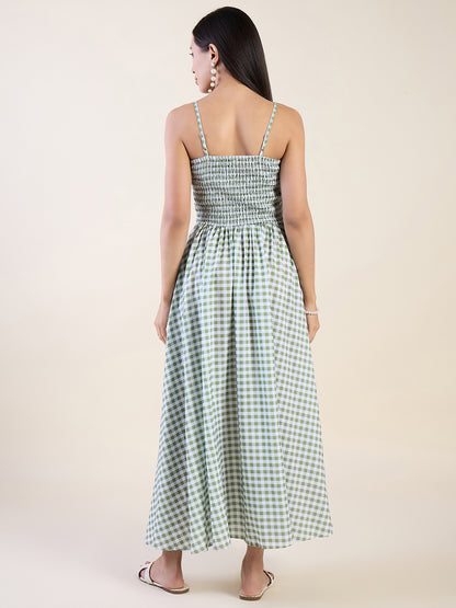 Embrace timeless charm with this gingham maxi dress in green color.