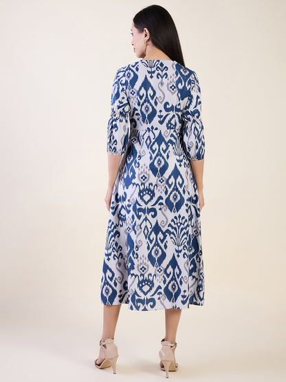 Elegant Ikat print midi dress in blue colour