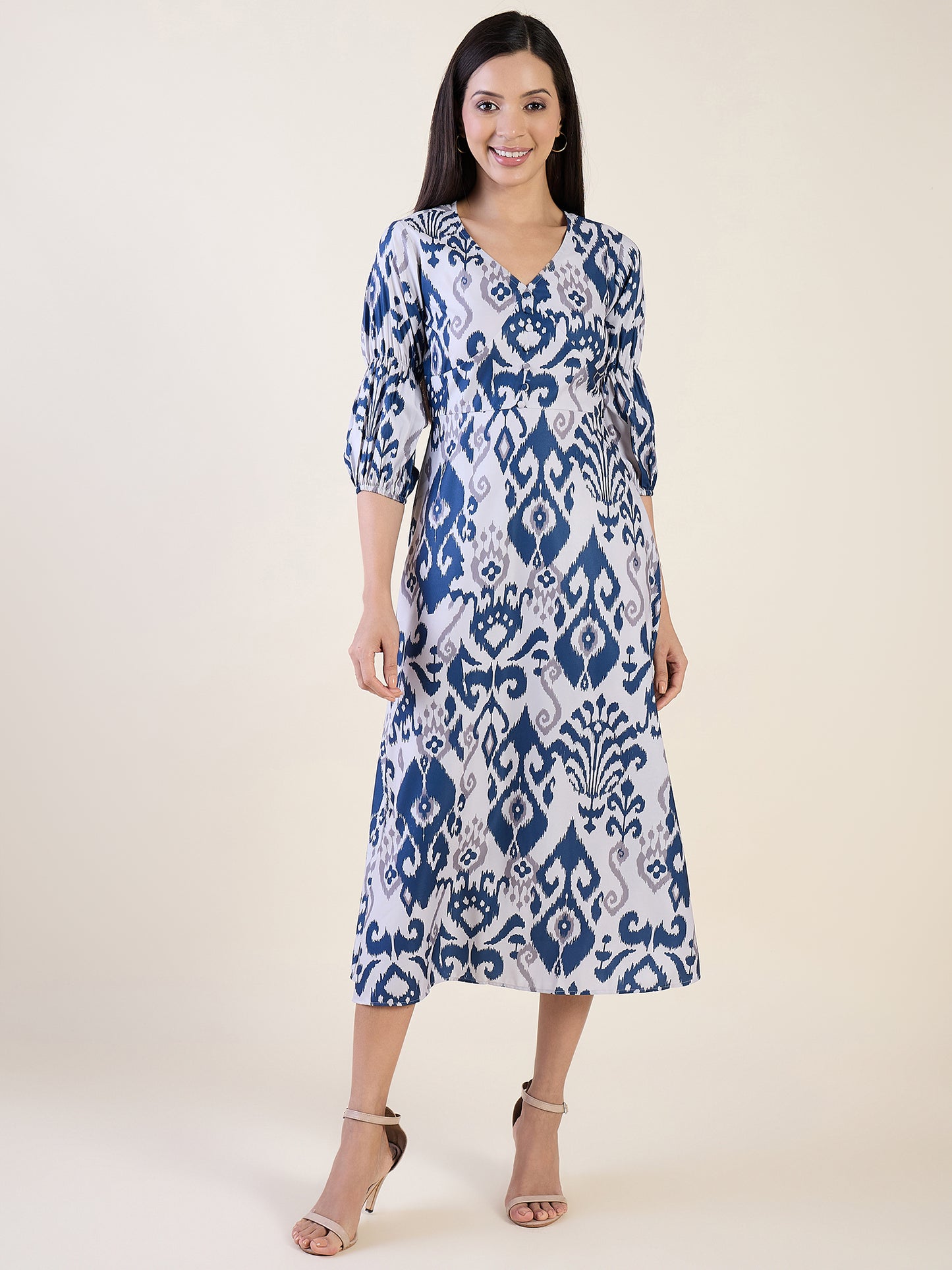 Elegant Ikat print midi dress in blue colour