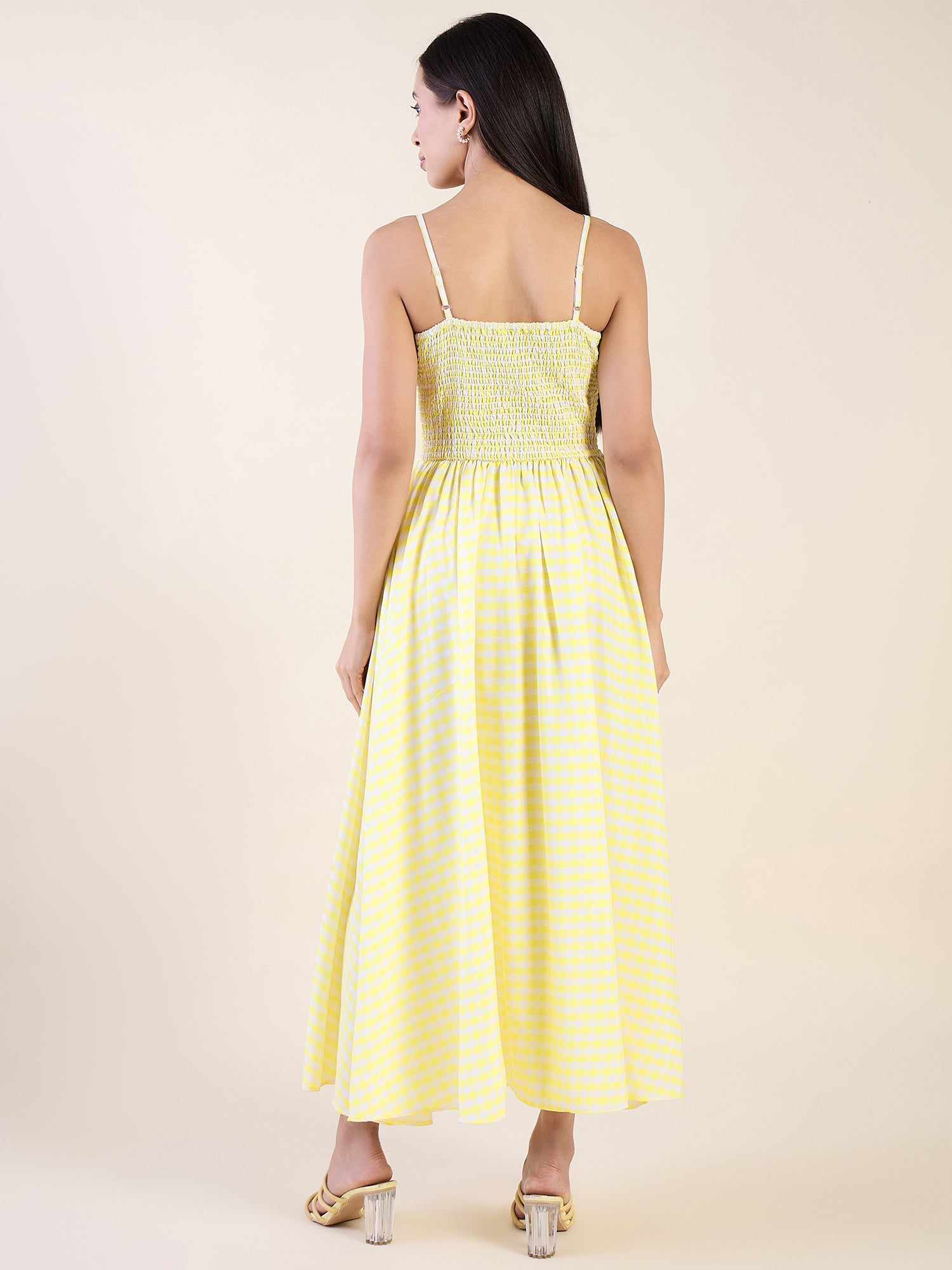 Embrace timeless charm with this gingham maxi dress in yellow color
