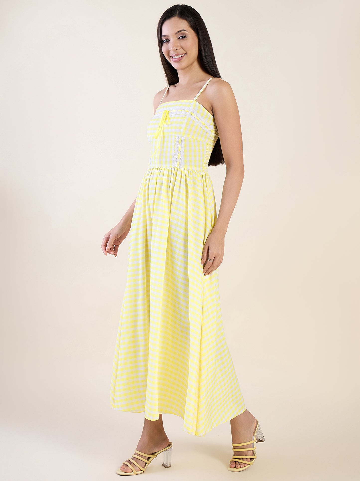 Embrace timeless charm with this gingham maxi dress in yellow color