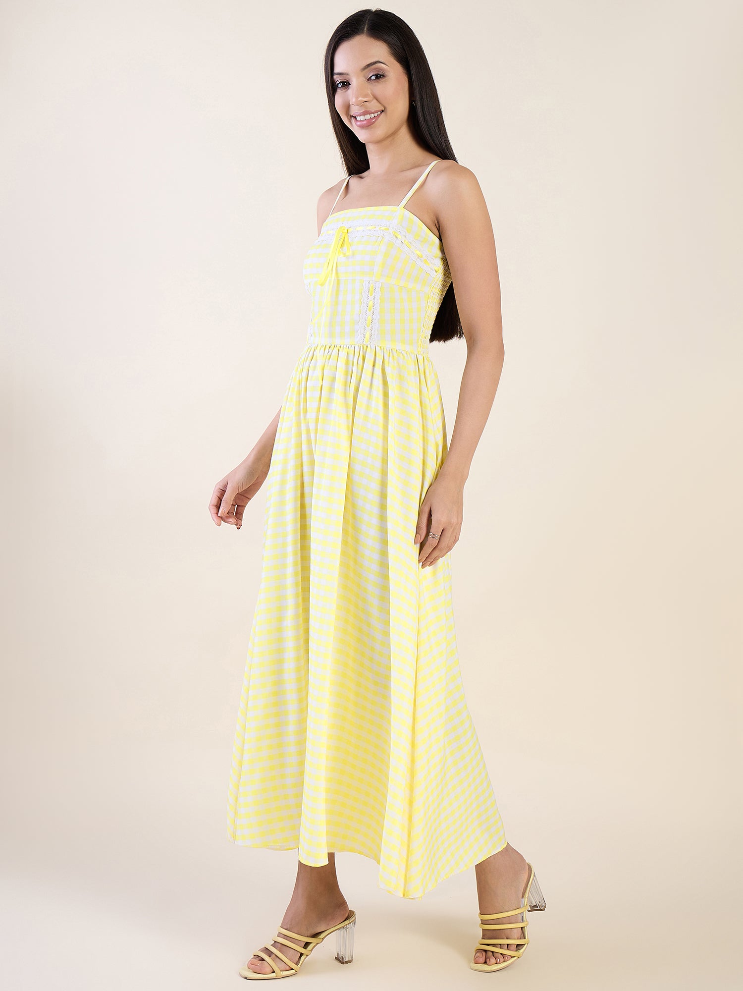 Embrace timeless charm with this gingham maxi dress in yellow color