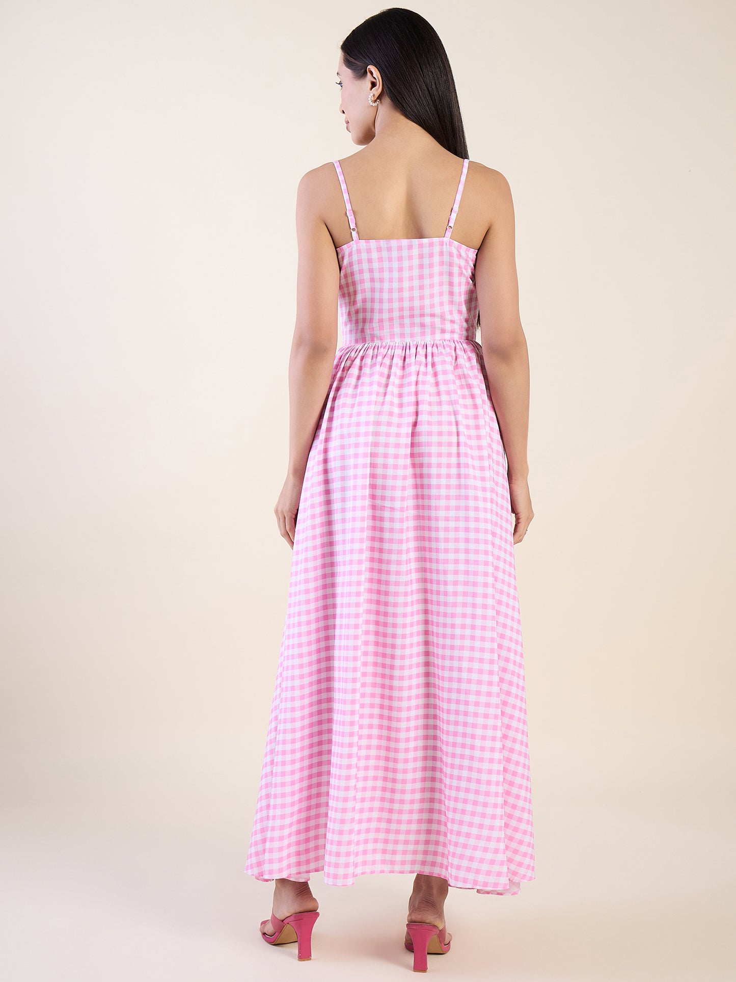 Classic gingham check maxi dress in pink colour