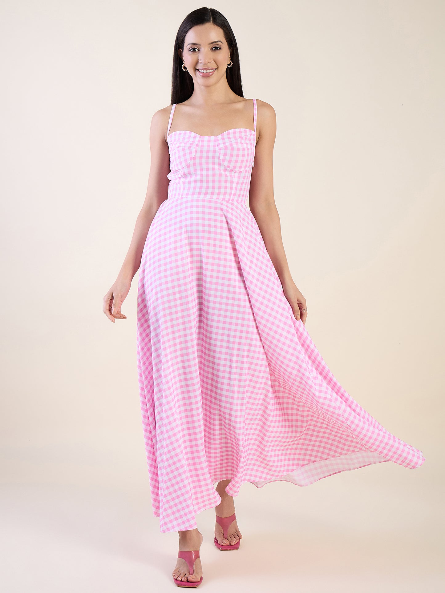 Classic gingham check maxi dress in pink colour