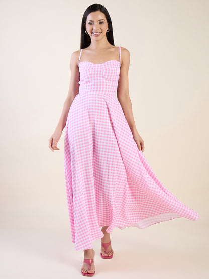 Classic gingham check maxi dress in pink colour