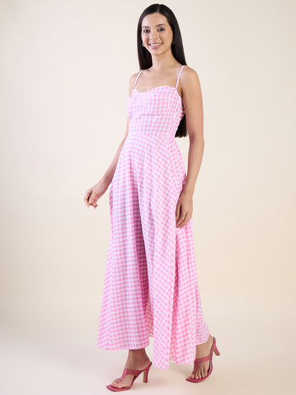 Classic gingham check maxi dress in pink colour