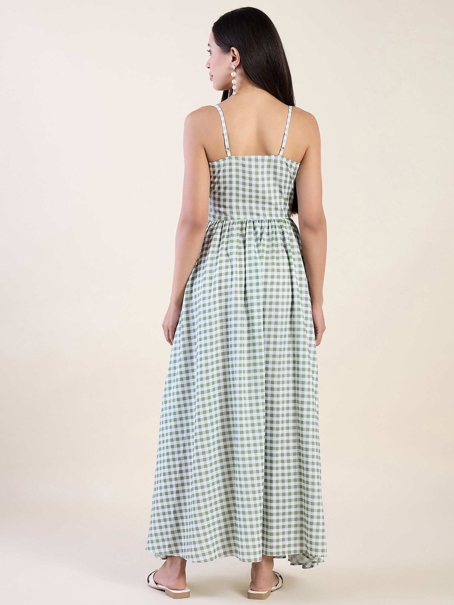 Classic gingham check maxi dress in green colour