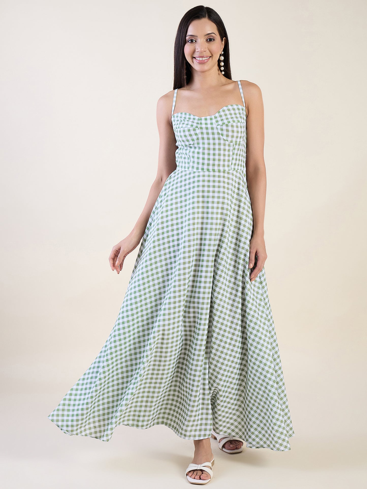 Classic gingham check maxi dress in green colour