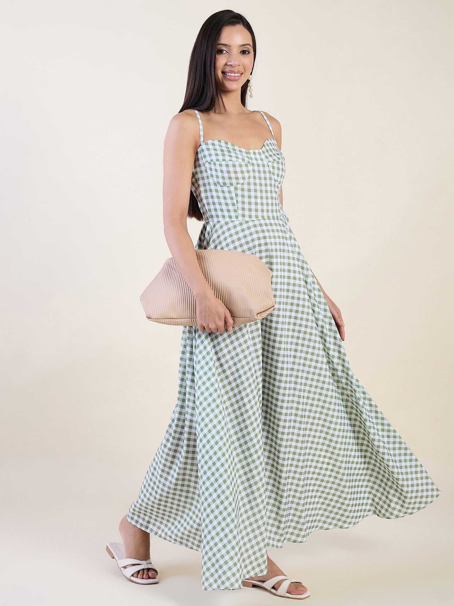 Classic gingham check maxi dress in green colour