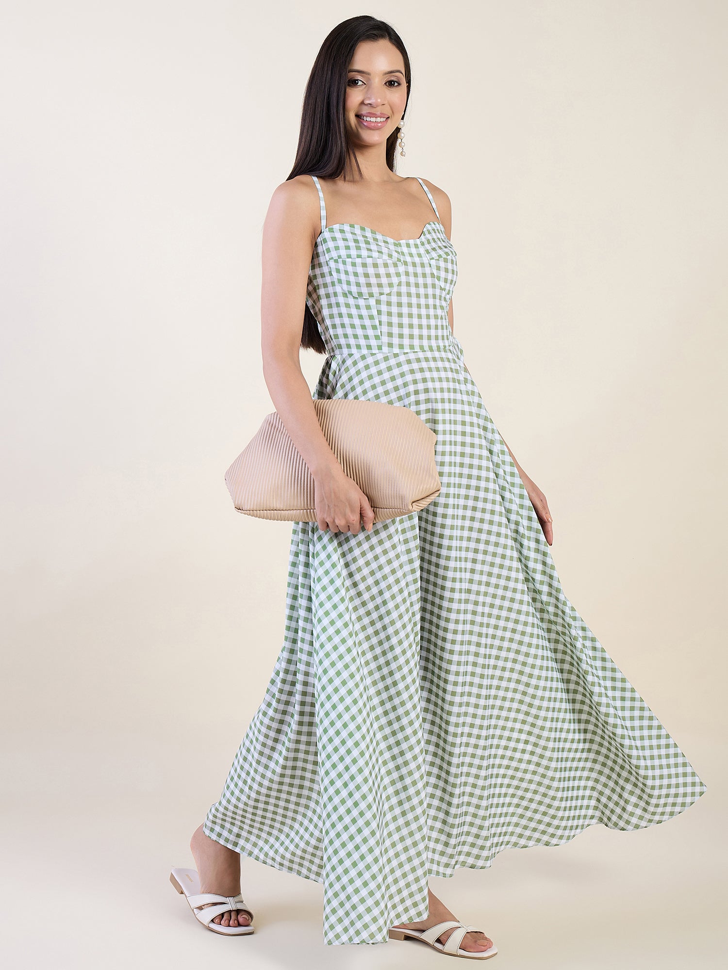 Classic gingham check maxi dress in green colour