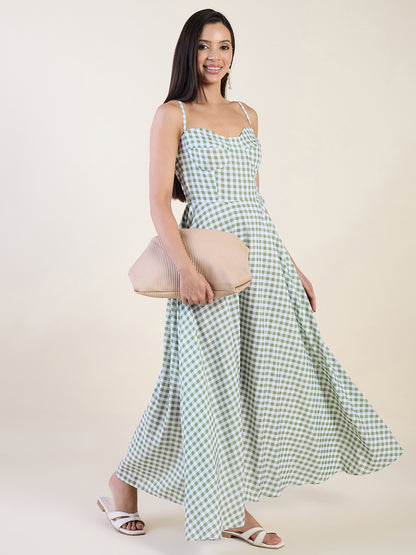 Classic gingham check maxi dress in green colour