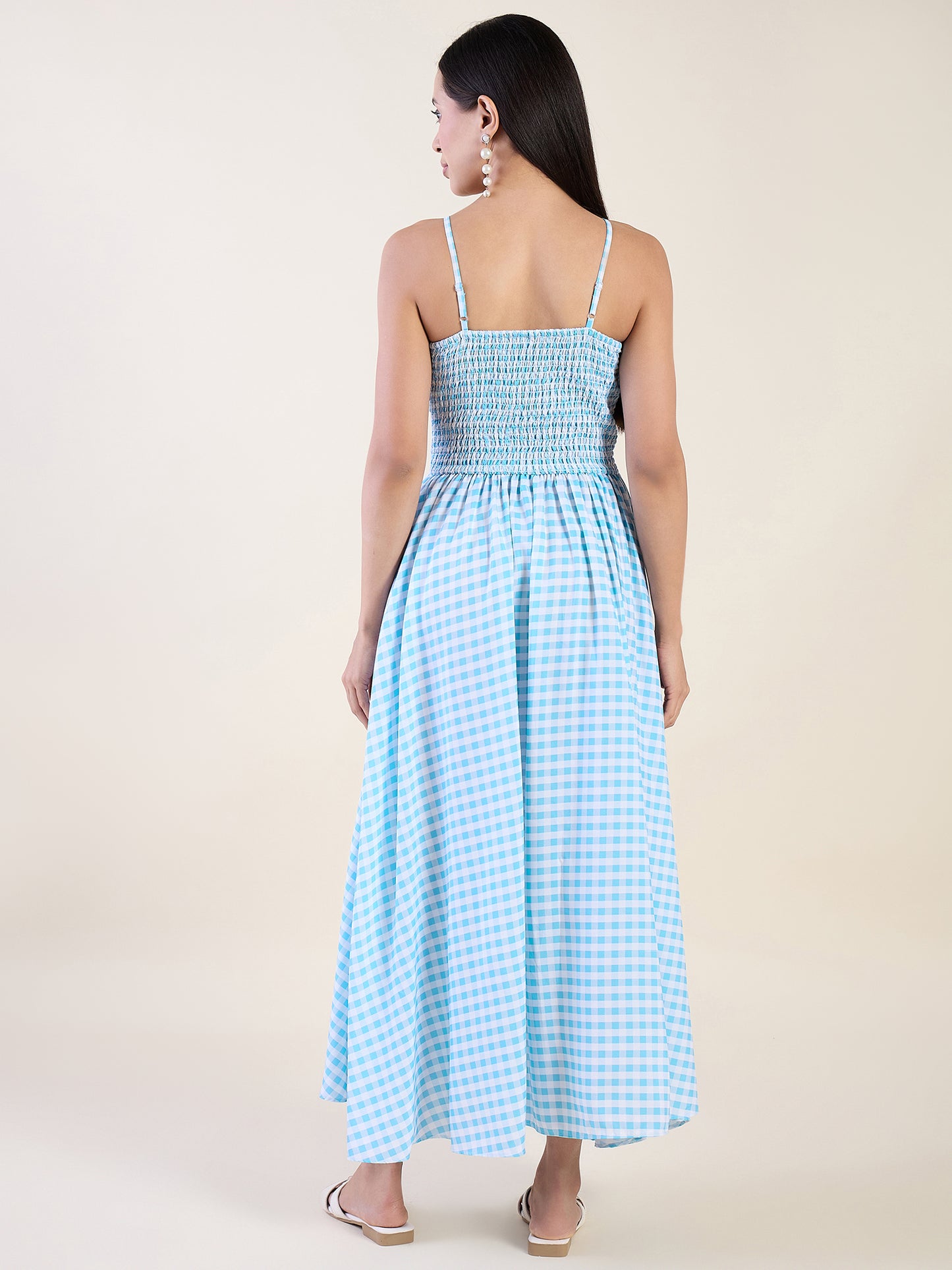 Embrace timeless charm with this gingham maxi dress in blue colour