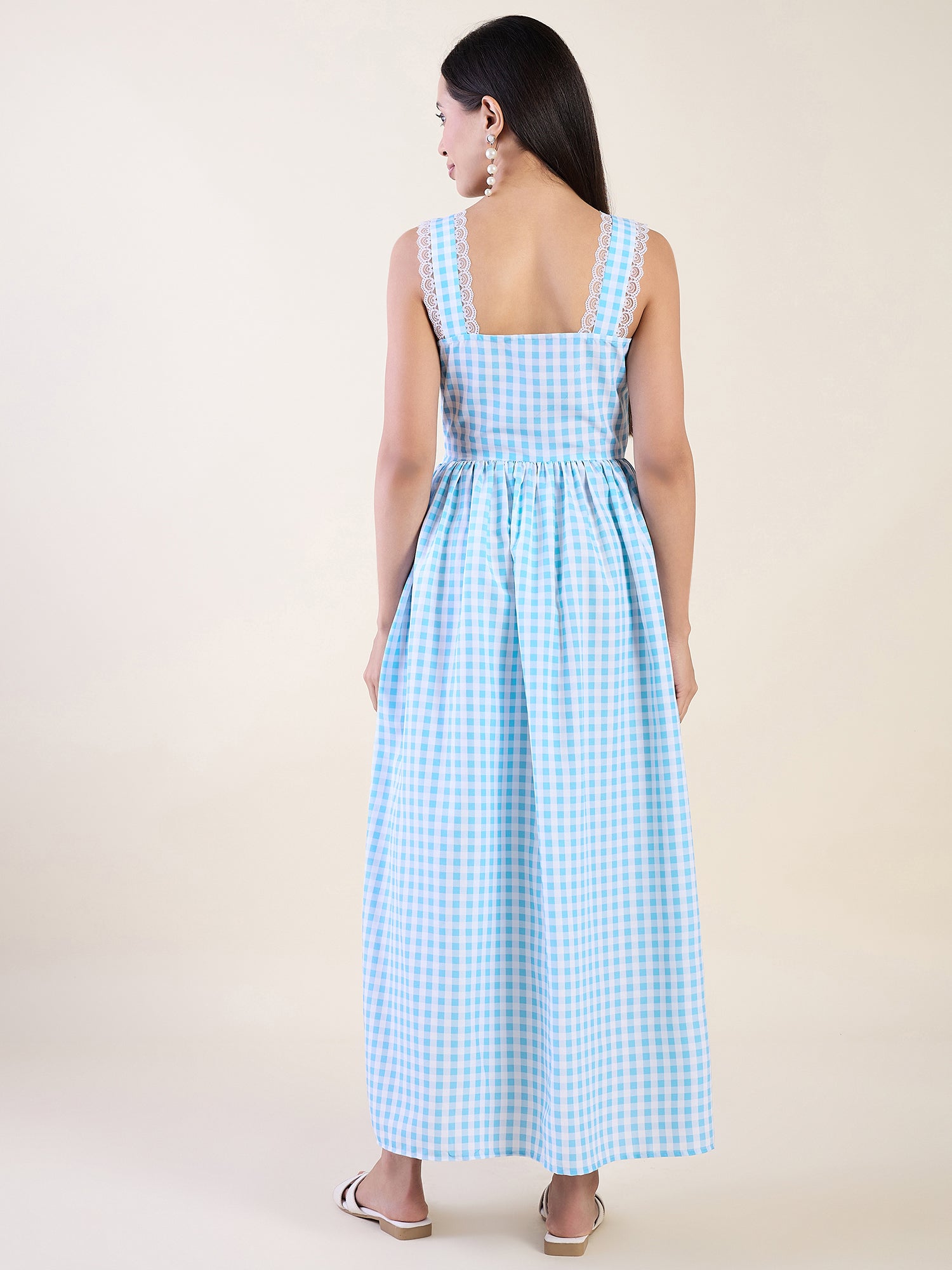Classic gingham maxi dress in blue color palette