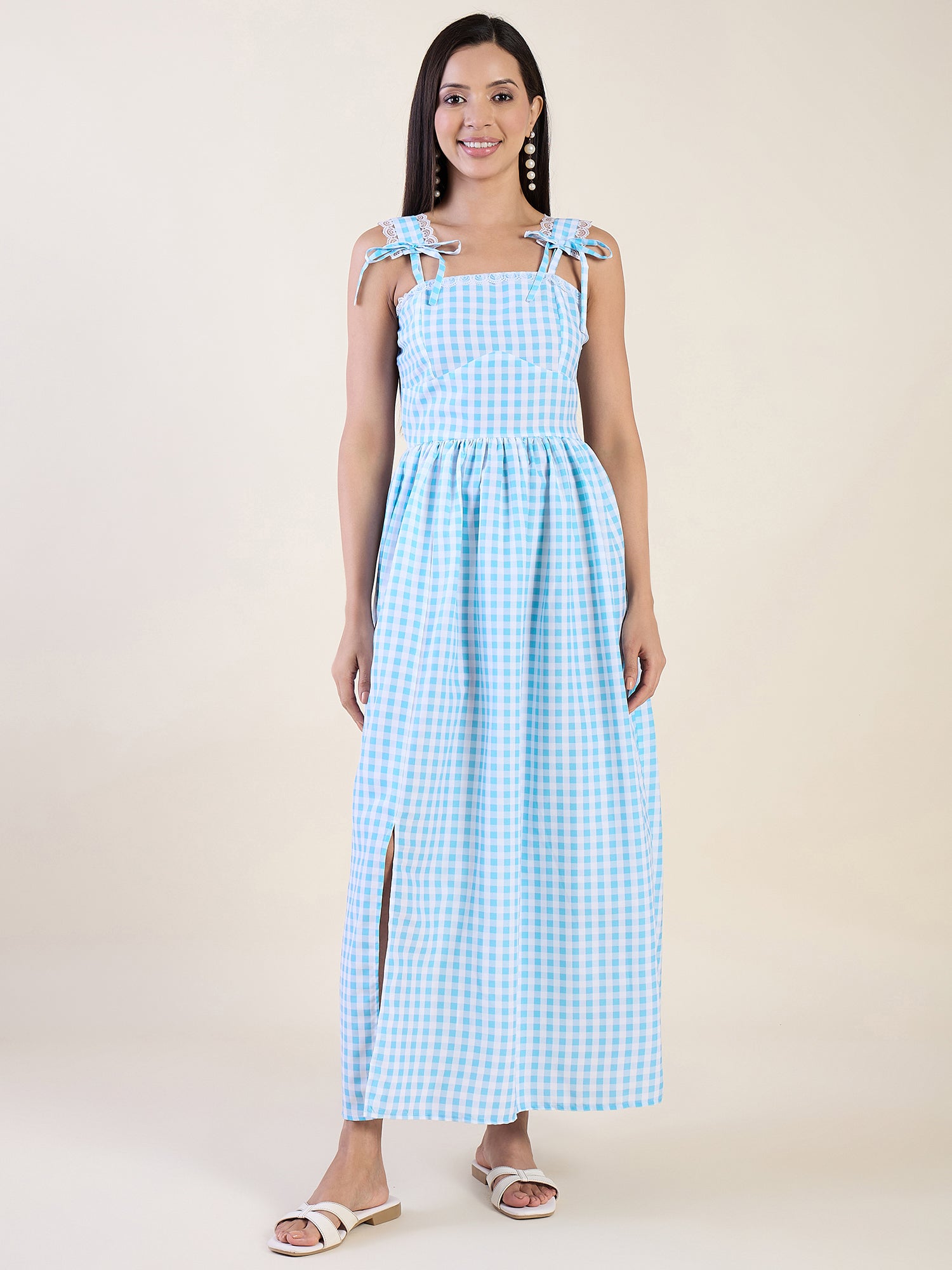 Classic gingham maxi dress in blue color palette