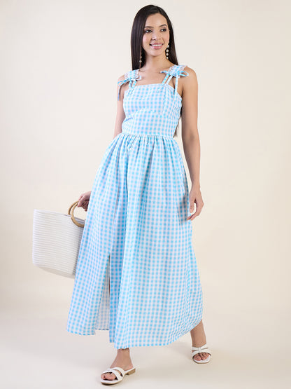 Classic gingham maxi dress in blue color palette