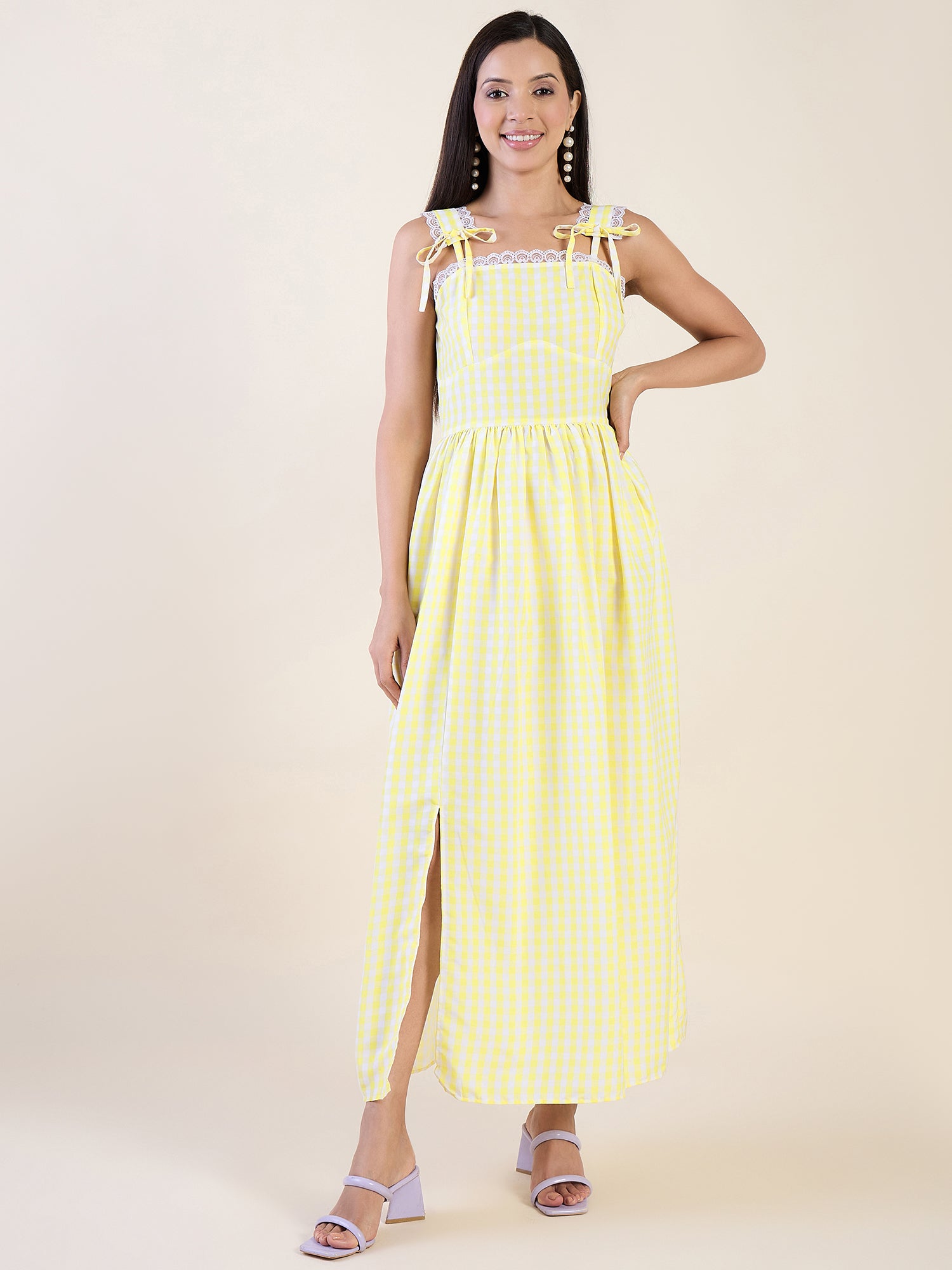Classic gingham maxi dress in yellow color palette