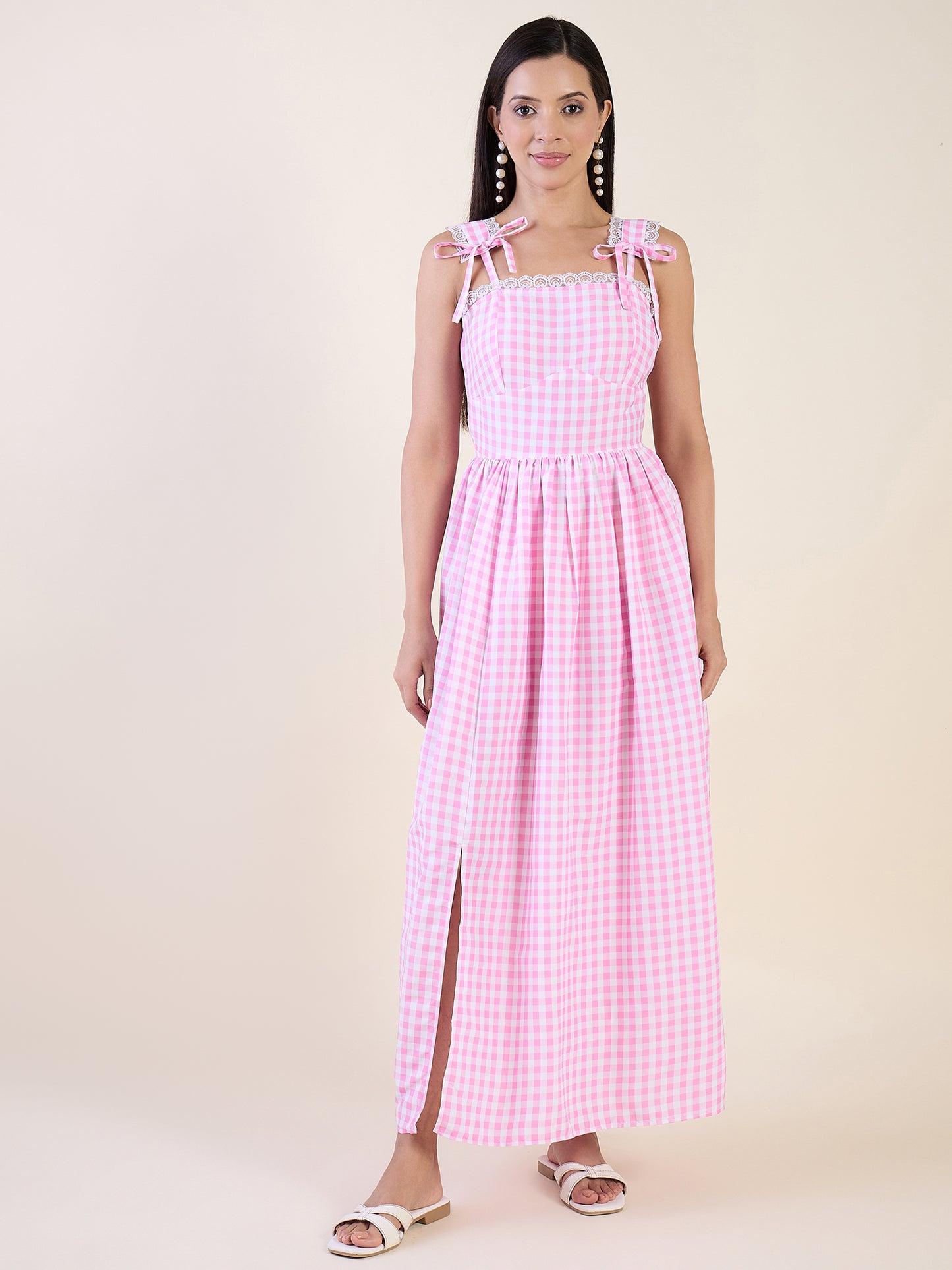 Classic gingham maxi dress in pink color palette