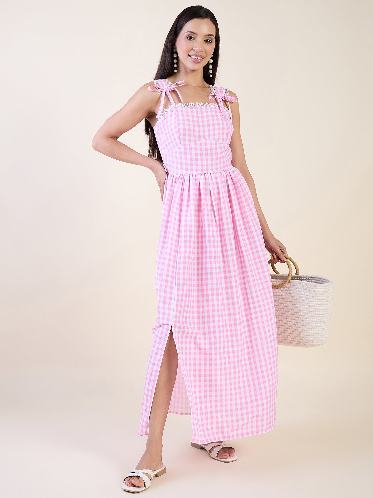 Classic gingham maxi dress in pink color palette