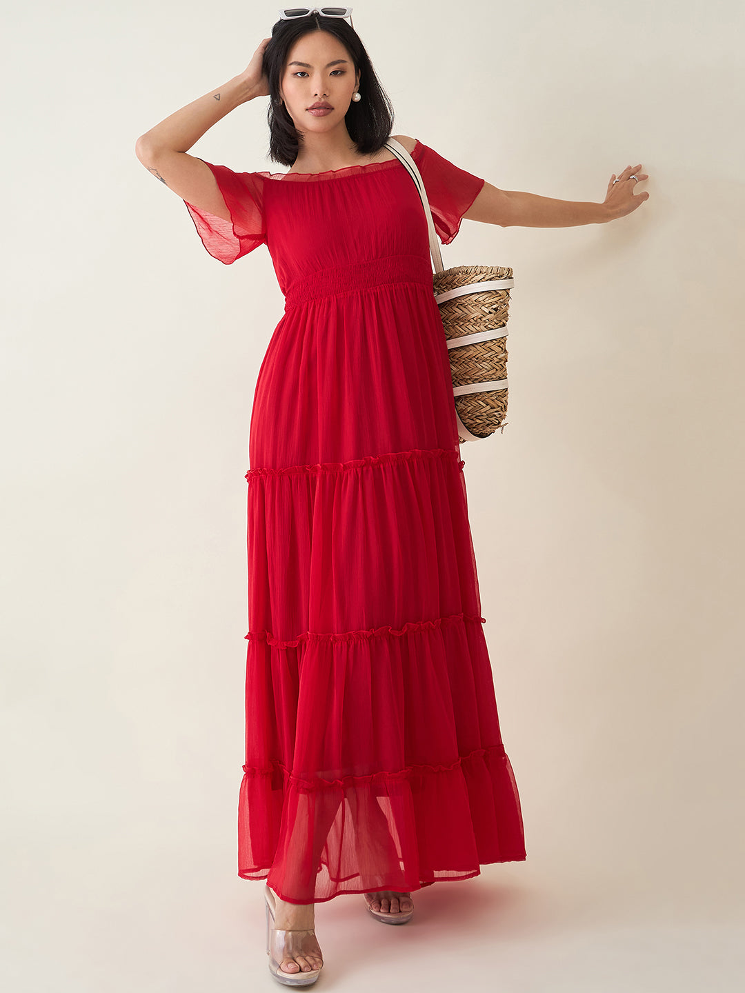 Noir Ruffle Off-Shoulder Maxi Dress in Chiffon